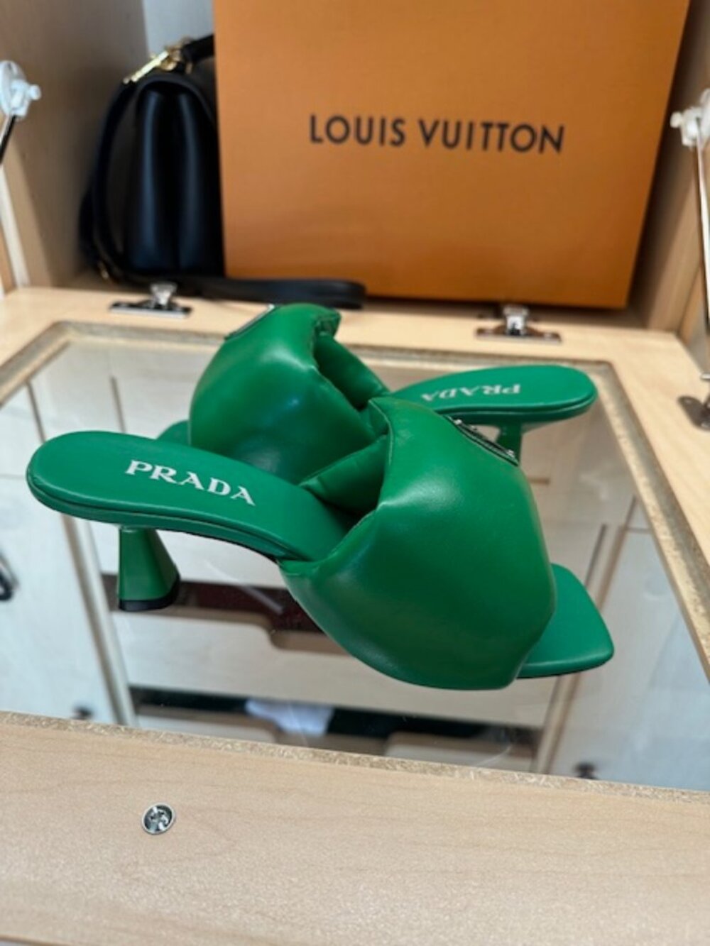 Prada Green Enameled Metal Triangle Leather Size 37 Slides - Picture 3 of 6